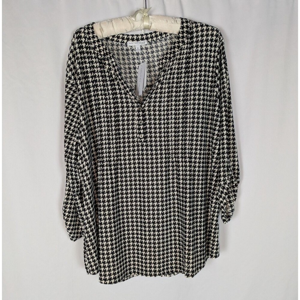 Notations Blouse 1X Women's Black White Houndstooth Vneck Jersey Knit 3/4 Sleeve